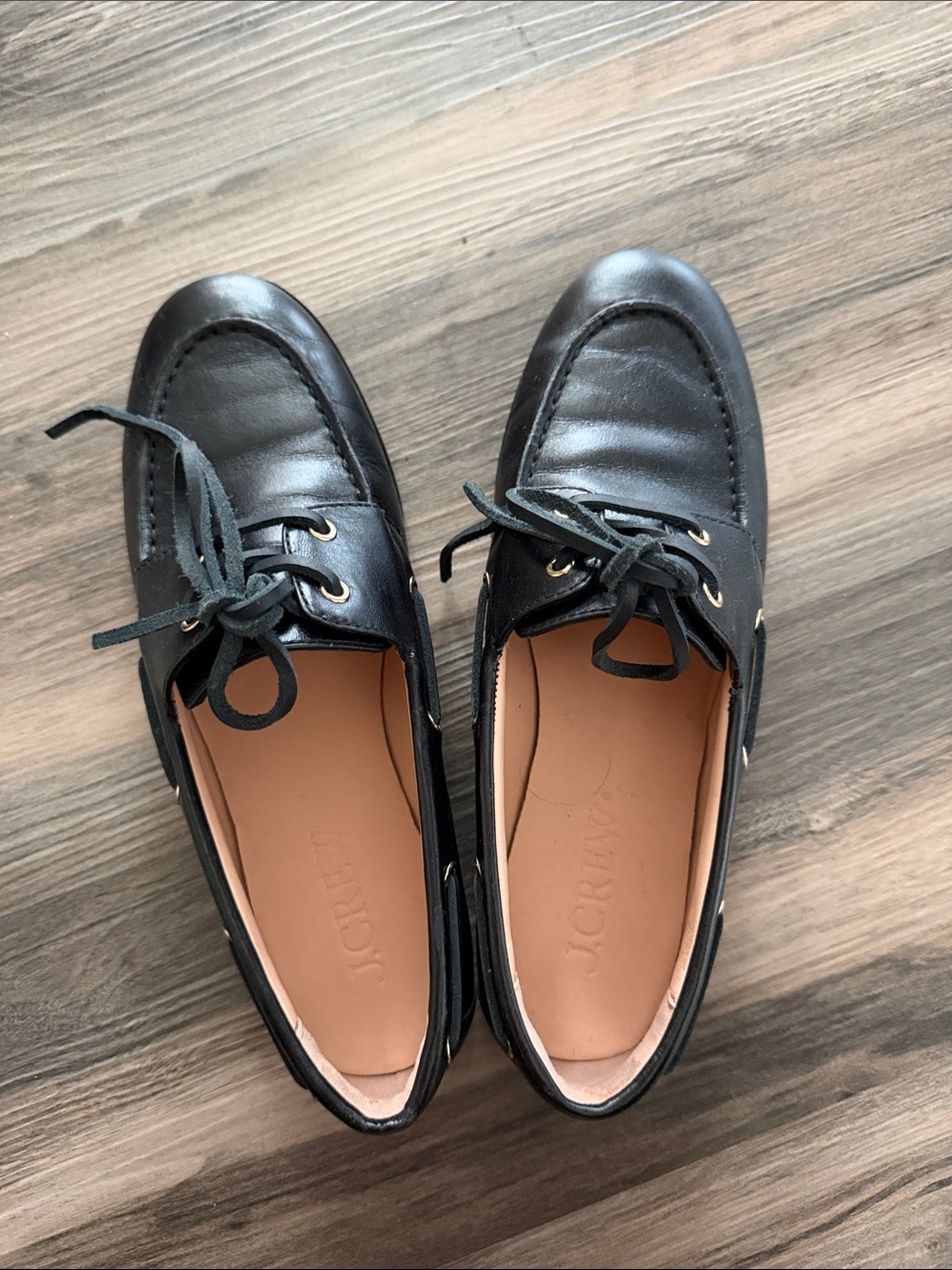 J. Crew Black Leather Boat Shoes with Gold-Tone Eyelets